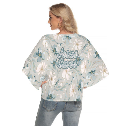 Elegant Women's Bat Sleeve V-neck Buttoned Top with Jesus Saves Design