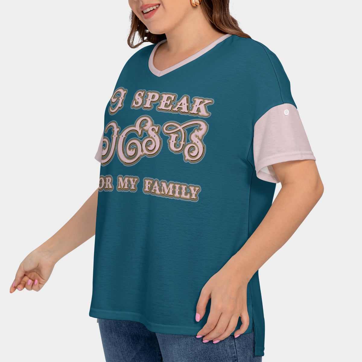 Women's Drop-Shoulder Short Sleeve T-shirt with Sleeve Loops - Plus Size "I Speak Jesus for my Family"