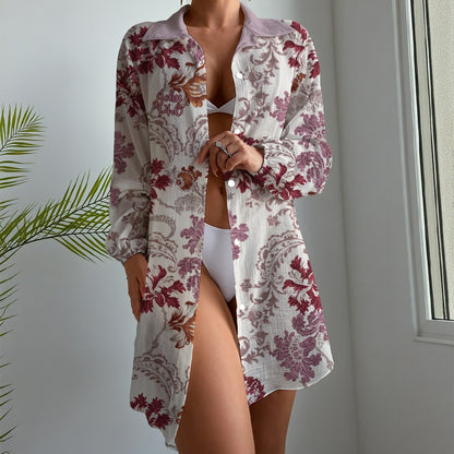 "John 14:6" Red & White  Floral Women's Long Sleeve Shirt Dress Soft & Breathable Polyester Fabric