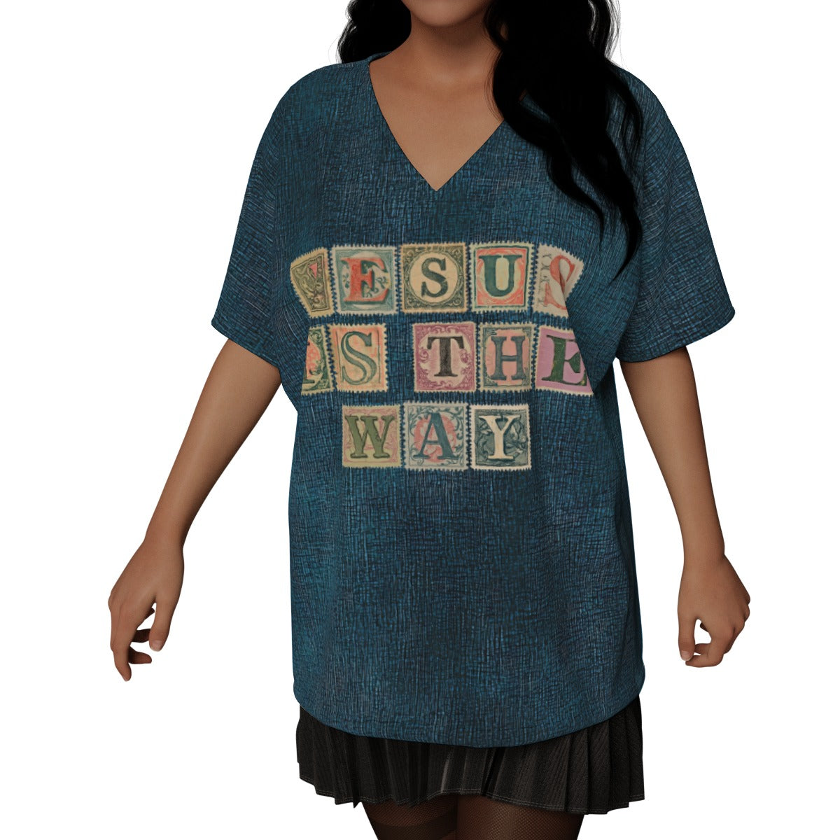 "Jesus is the way" Faux Denim look Women's Jersey Bat Sleeve V-Neck Blouse - Loose Fit for Comfort