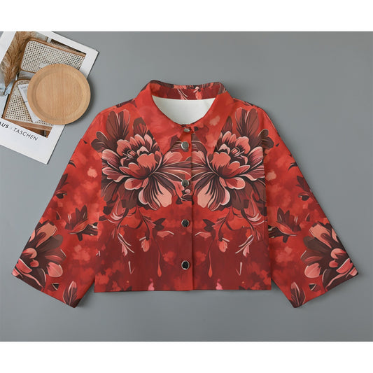"Jesus Saves" Red Floral Women's Cropped Jacket | 245GSM Cotton