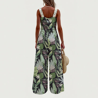 "Blessed Matthew 5:8" Green Floral Print Women's Wide-Leg Jumpsuit - Lightweight Linen-Like Polyester Loose Fit