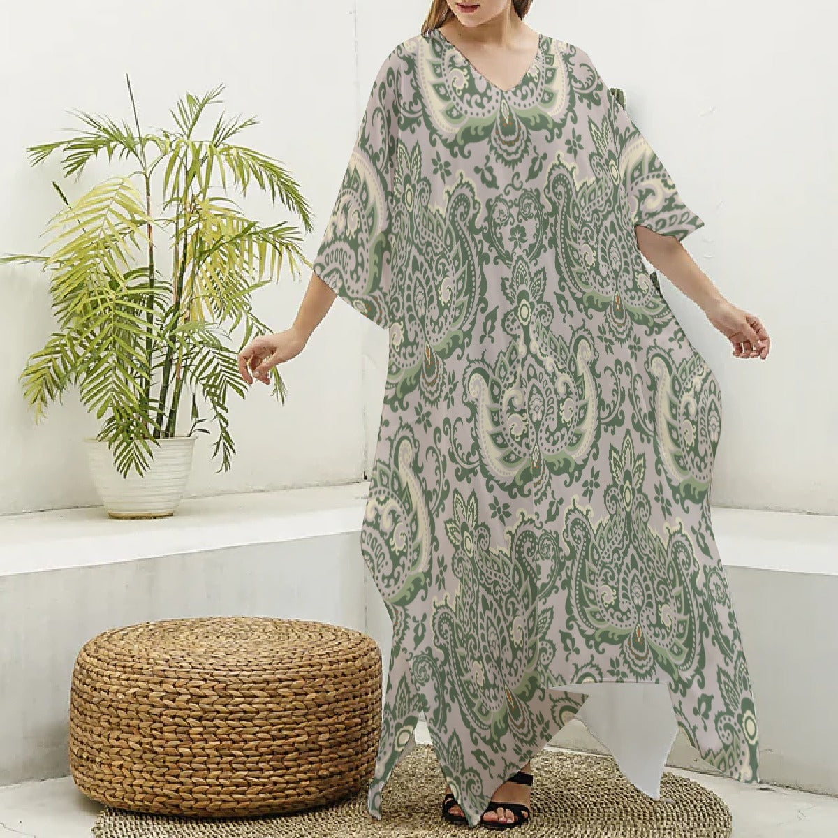 Green & Beige Paisley Women's Imitation Silk V-neck Kaftan Robe "I am a servant of Righteousness"