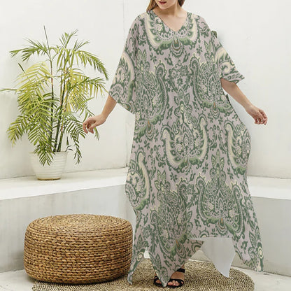 Green & Beige Paisley Women's Imitation Silk V-neck Kaftan Robe "I am a servant of Righteousness"