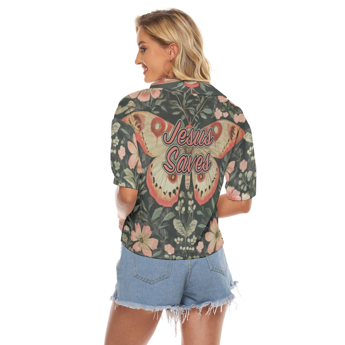 "Jesus Saves" Butterfly Floral Women's V-neck Shirts