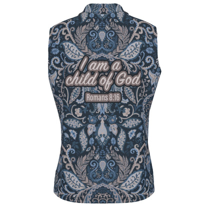 Blue Paisley Print Women's UV Protection Sleeveless Polo Shirt "I am a child of God"