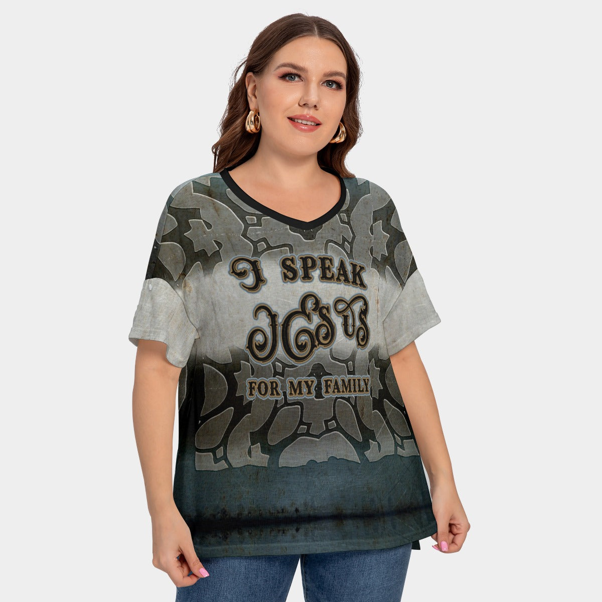 Women's Drop-shoulder Short Sleeve T-shirt With Sleeve Loops(Plus Size) "I Speak Jesus for my Family"