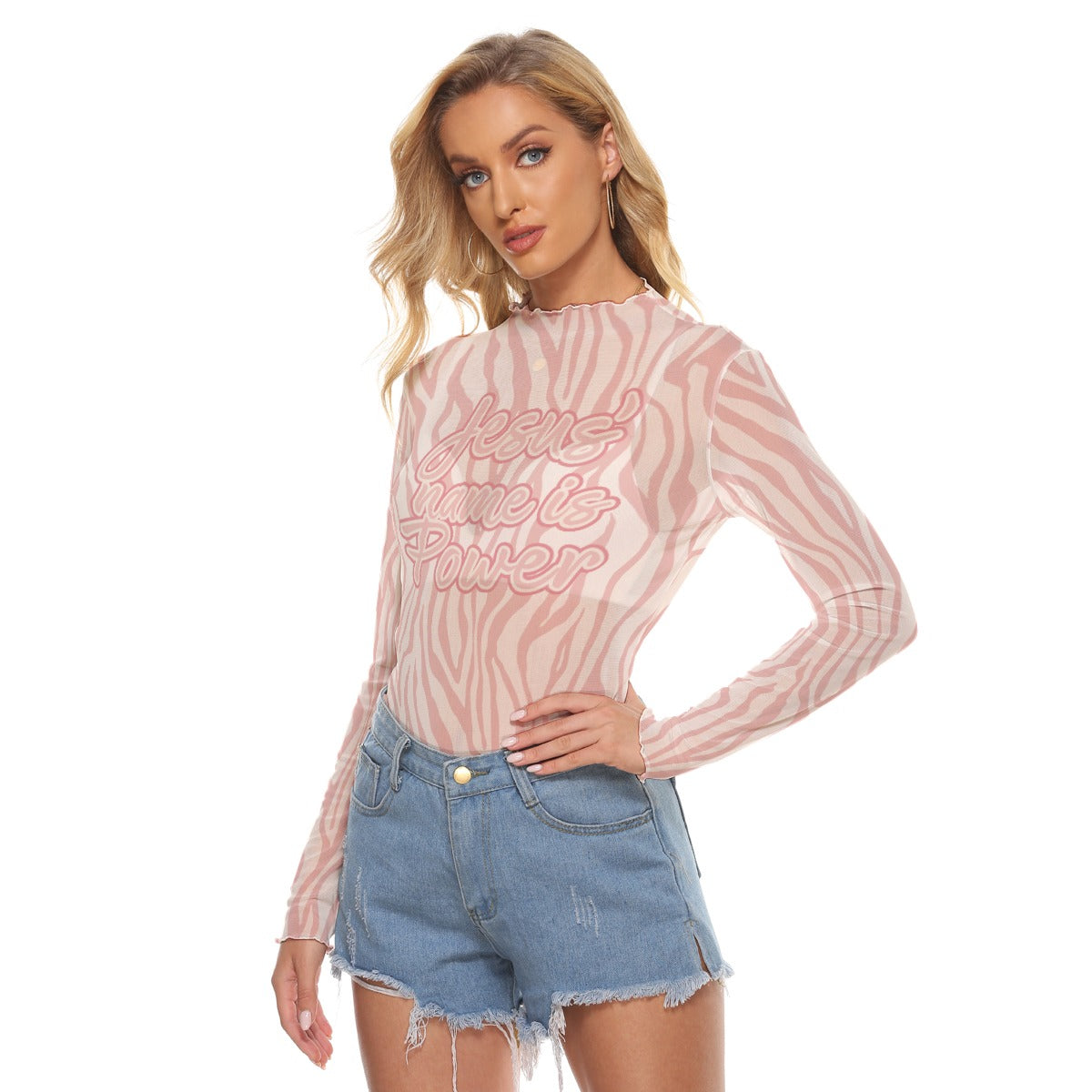 "Jesus Name is Power" Pink Zebra Women's Mesh T-shirt