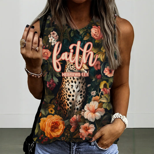 Leopard Floral Print Sleeveless T-Shirt for Women, Round Neck Casual Top Hebrews 11:1 Design