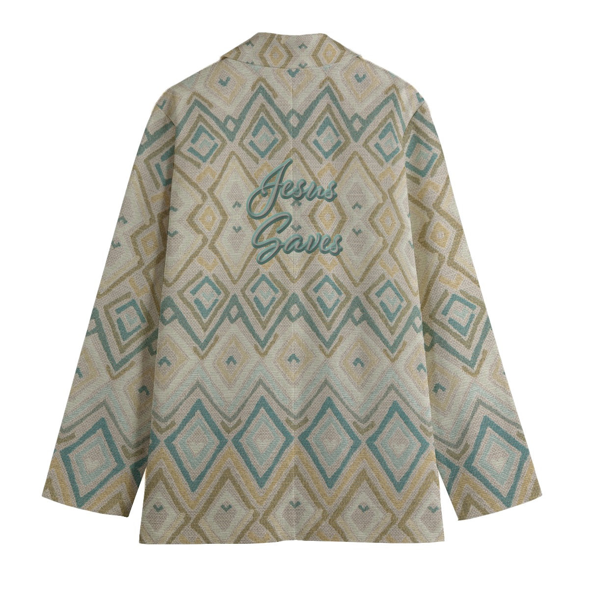 "Jesus Saves" Blue & Beige Diamond Faux Texture Women's Leisure Blazer