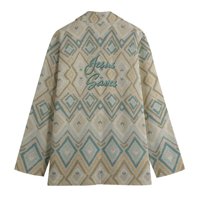 "Jesus Saves" Blue & Beige Diamond Faux Texture Women's Leisure Blazer
