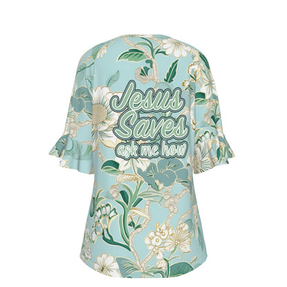 "Jesus Saves ask me how" Blue Floral V-Neck Women's T-Shirt with Bell Sleeve - Soft Jersey Fabric & Feminine Style