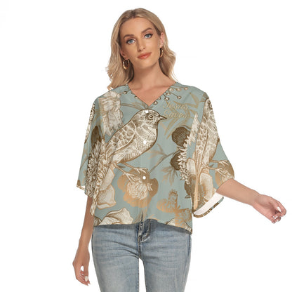"Jesus Saves" Floral Bird Print Women's Bat Sleeve V-neck Buttoned Top