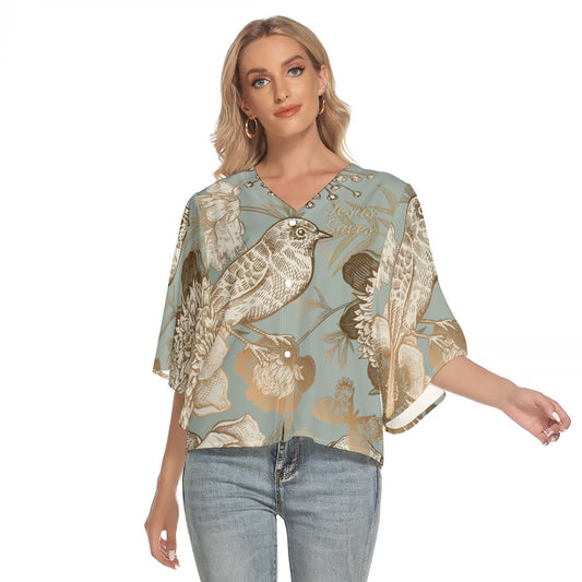 "Jesus Saves" Floral Bird Print Women's Bat Sleeve V-neck Buttoned Top