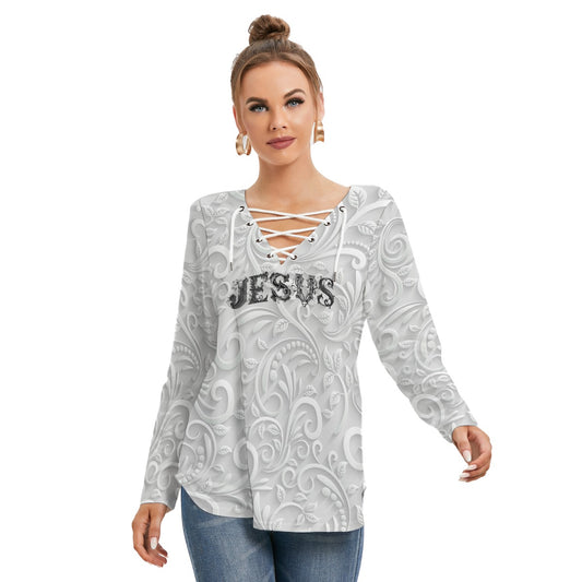 "Jesus is the way" White Faux Texture Design Women's Fashionable Neckline Tie Sweatshirt, Poly-spandex Blend, Regular Fit