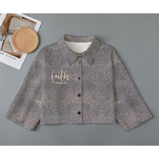 "Faith Ephesians 2:8" Gray Stingray Print Women's Cropped Jacket | 245GSM Cotton