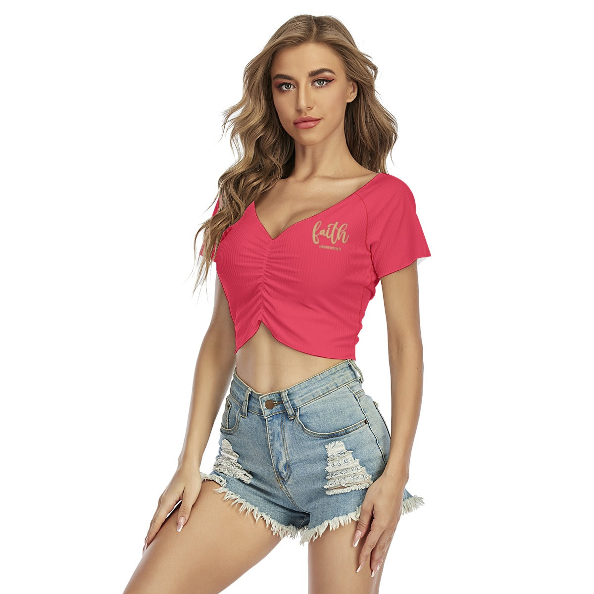Pinkish Red V-Neck Cropped Tee for Women - "Faith Hebrews 11:1"