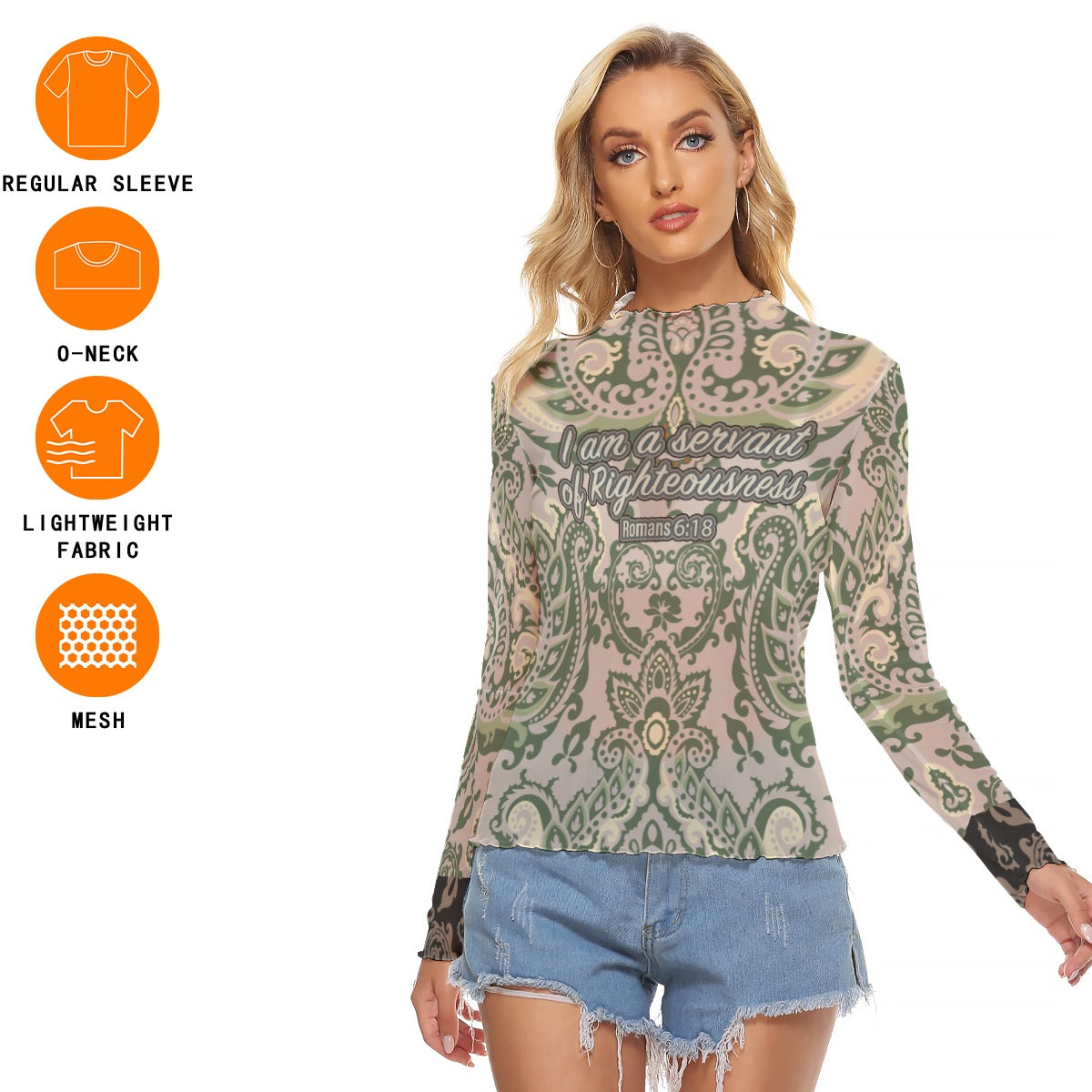 Paisley Print Women's Mesh T-shirt "I am a servant of Righteousness"