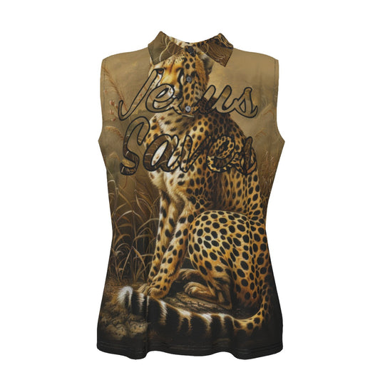 Jesus Saves Leopard Print Women's UV Protection Sleeveless Polo Shirt