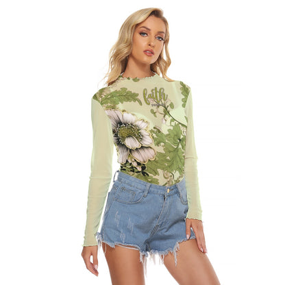 Lime Green Floral Print Women's Mesh T-shirt "Faith Ephesians 2:8"