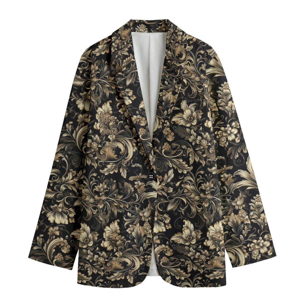 "Jesus Saves" Black & Gold Scrolly Floral Print Women's Leisure Blazer