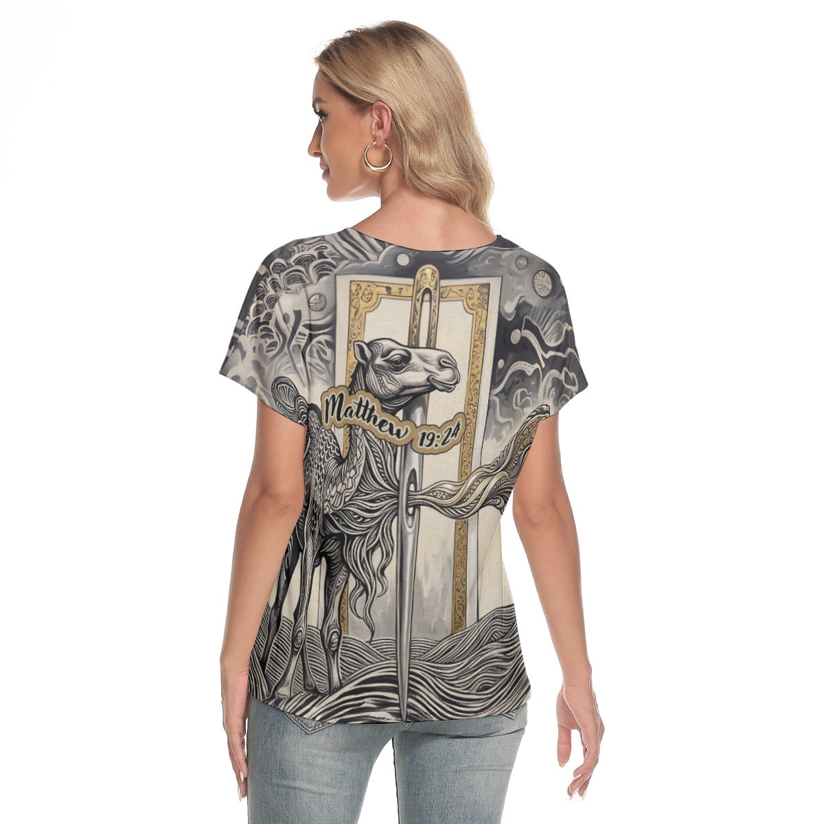 "Matthew 19:24" Graphic Camel & Needle Design  Women's Loose V-neck Short Sleeve T-shirt