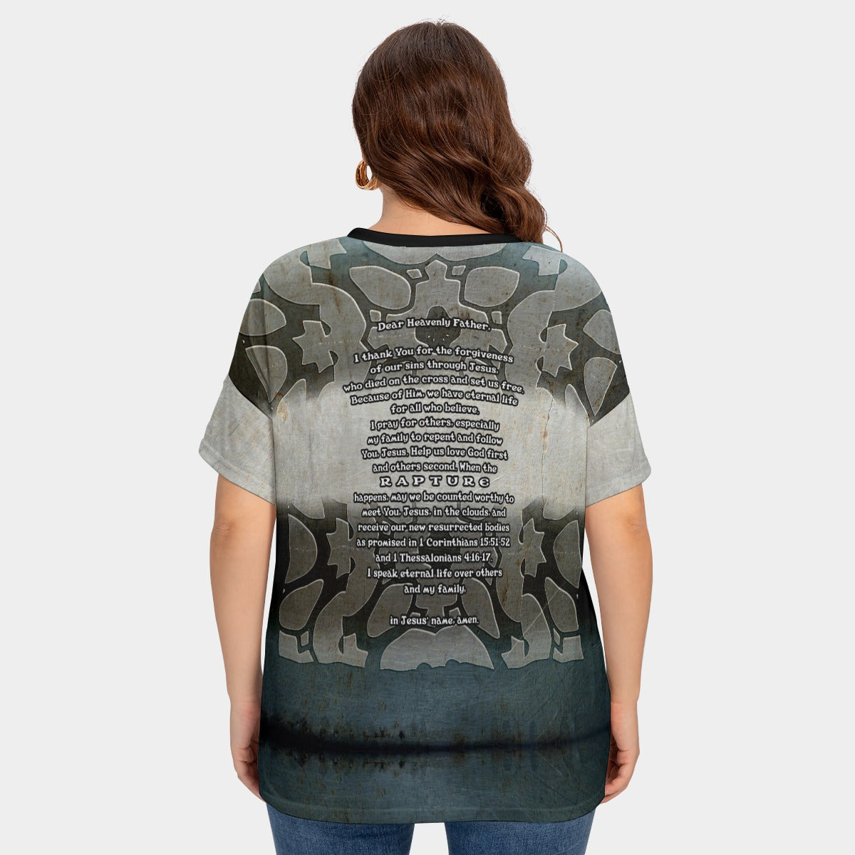 Women's Drop-shoulder Short Sleeve T-shirt With Sleeve Loops(Plus Size) "I Speak Jesus for my Family"