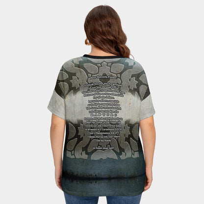 Women's Drop-shoulder Short Sleeve T-shirt With Sleeve Loops(Plus Size) "I Speak Jesus for my Family"