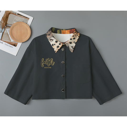 Women's Leopard Print Cropped Jacket | 245GSM Cotton | "Faith Hebrews 11:1"