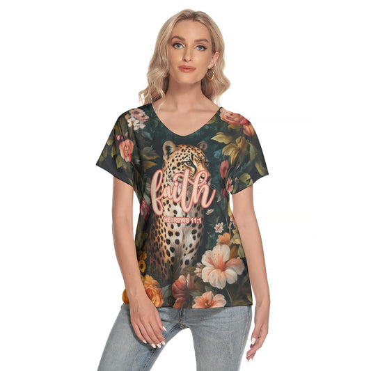 Leopard Floral Print Women's Loose V-neck Short Sleeve T-shirt "Faith Hebrews 11:1"