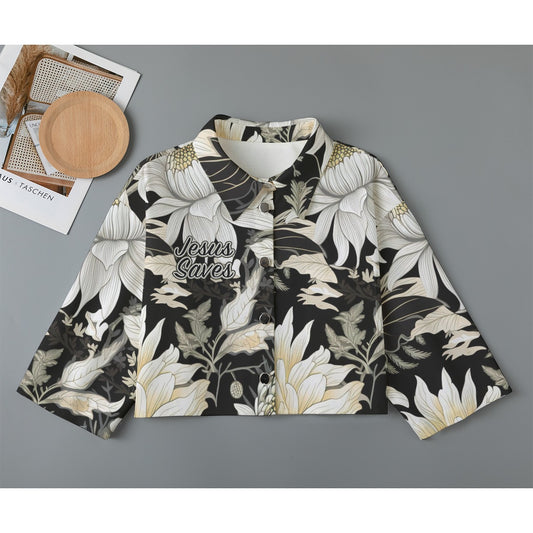 "Jesus Saves" Black & White Women's Stylish Denim-Inspired Cropped Cardigan, Pure Cotton | 245GSM