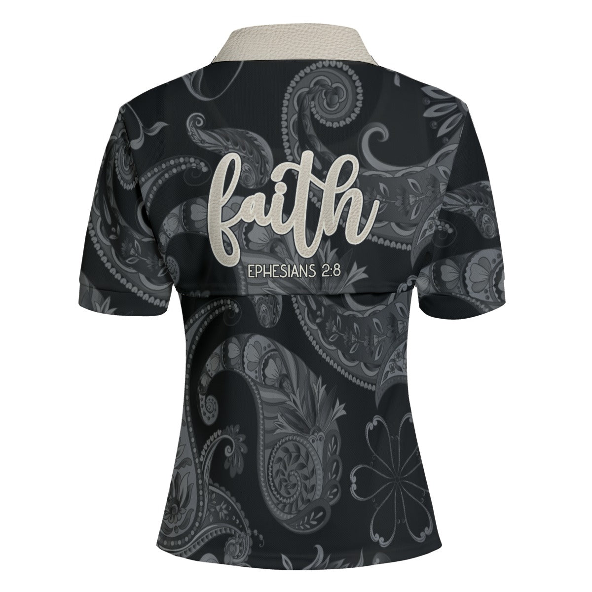 "Faith Ephesians 2:8"  Black Paisley Pattern Women's Casual POLO Shirt