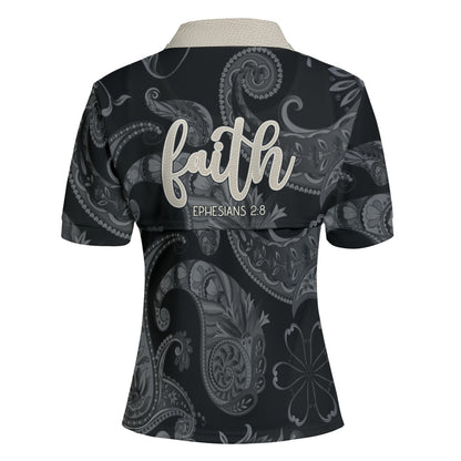 "Faith Ephesians 2:8"  Black Paisley Pattern Women's Casual POLO Shirt