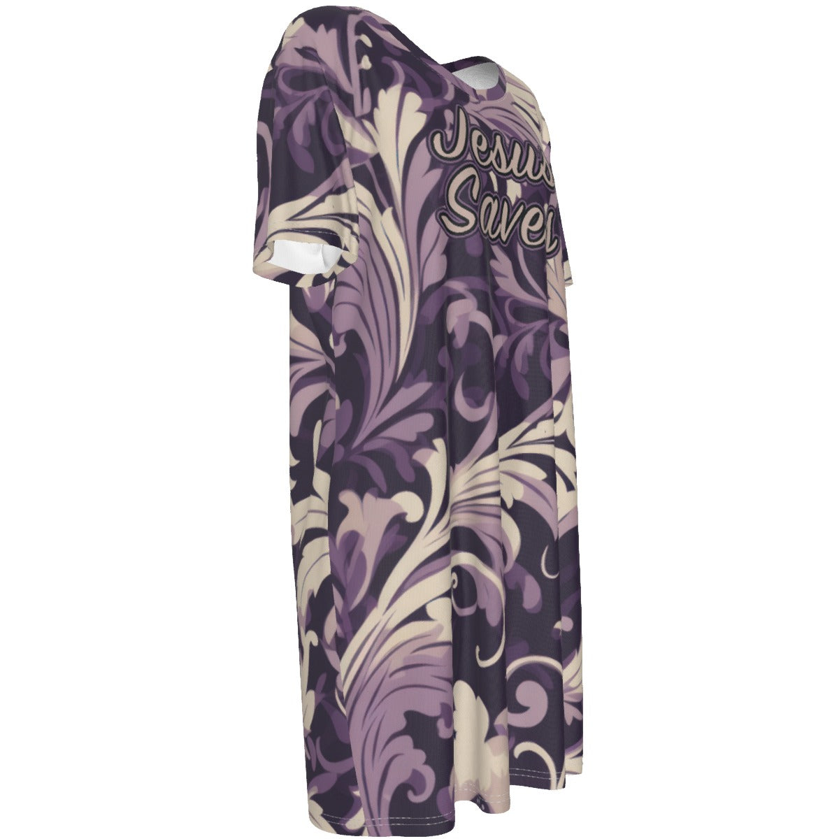 "Jesus Saves" Purple Floral Women's Short Sleeve Jersey Dress, Loose Style for All Seasons Comfort