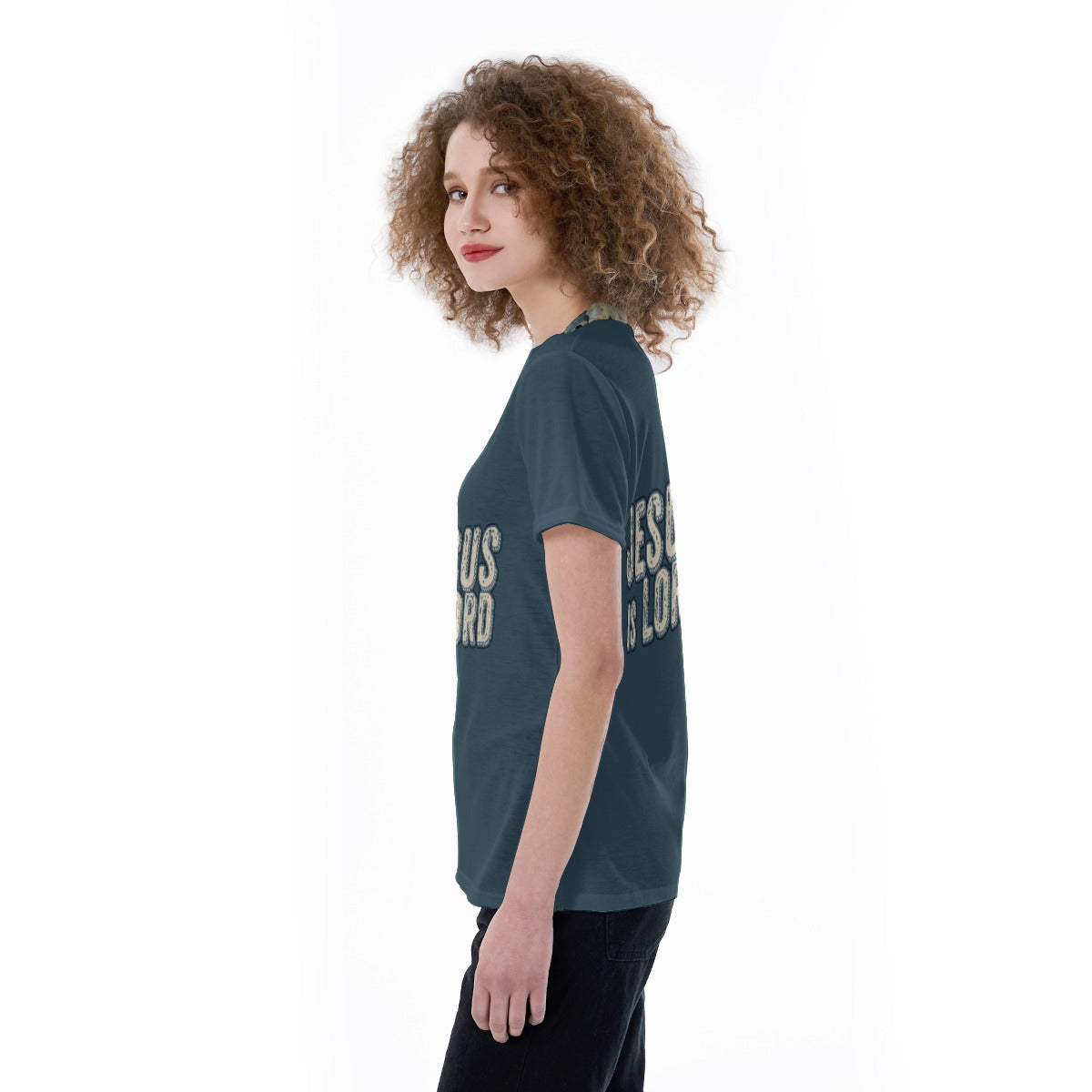 "Jesus is Lord" Blue with Blue & Beige Damask Pattern Collar All-Over Print V-neck Women's T-shirt