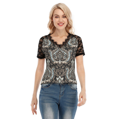 Women's Black Lace V-Neck T-Shirt Tee "I am a new creation"