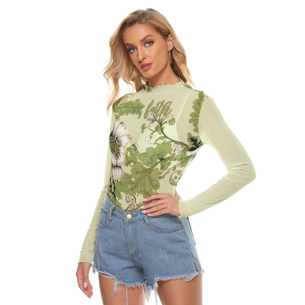 Lime Green Floral Print Women's Mesh T-shirt "Faith Ephesians 2:8"