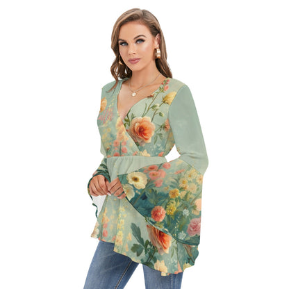 Women's V-neck Polyester Blouse with Flared Butterfly Sleeves & Faith Ephesians Design
