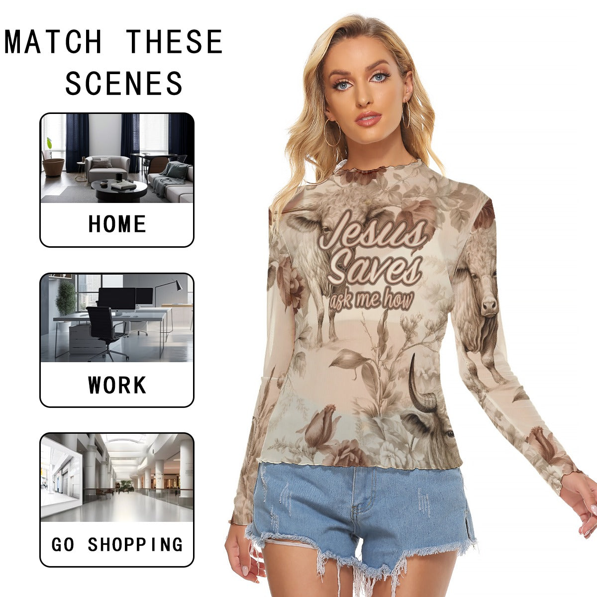 "Jesus Saves ask me how" Women's Mesh T-shirt - Breathable Long Sleeve Shirts with Unique Neckline Design