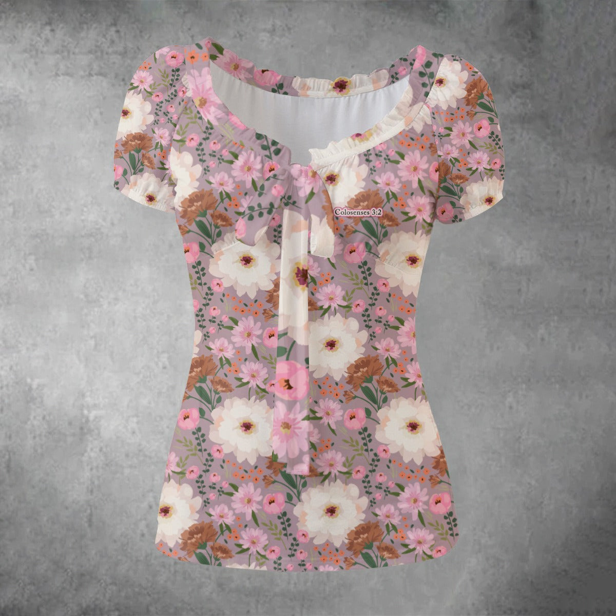 Camisa plisada con mangas abullonadas para mujer con estampado floral rosa y blanco "Colosenses 3:2"