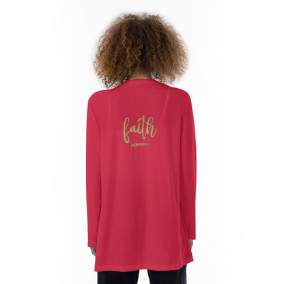 Women's Lightweight Open Front Cardigan with Pockets - Bold Christian Print "Faith Hebrews 11:1"