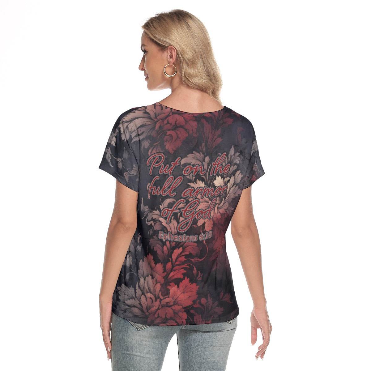 "Put on the full armor of God" Red & Gray Floral Women's Loose V-neck Short Sleeve T-shirt