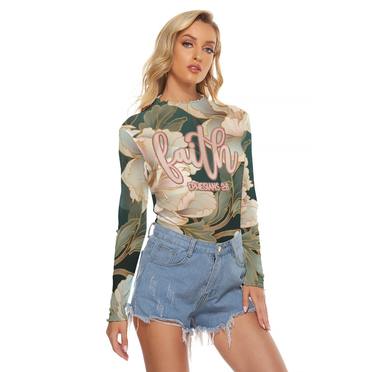 "Faith Ephesians 2:8" Floral Women's Mesh T-shirt