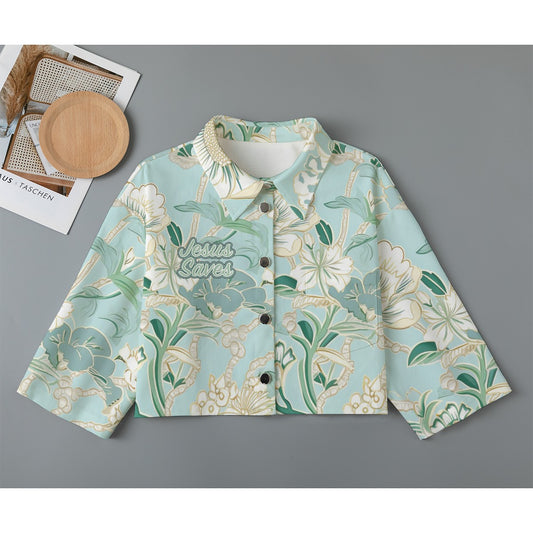 "Jesus Saves" Light Blue Floral Women's Cropped Denim-Style Cardigan | Pure Cotton | Mid-Sleeves | With Pocket