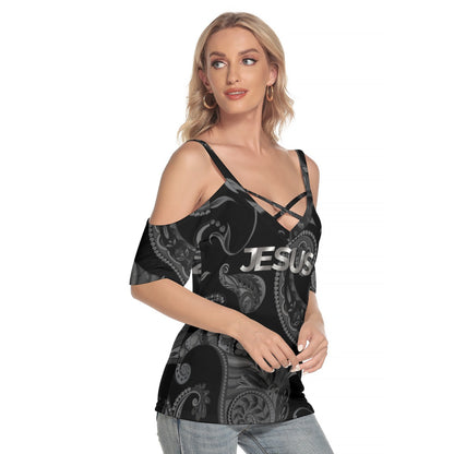 "Jesus Saves ask me how" Women's Cold Shoulder Criss Cross Strips T-shirt, Jersey Fabric, Casual Daily Wear