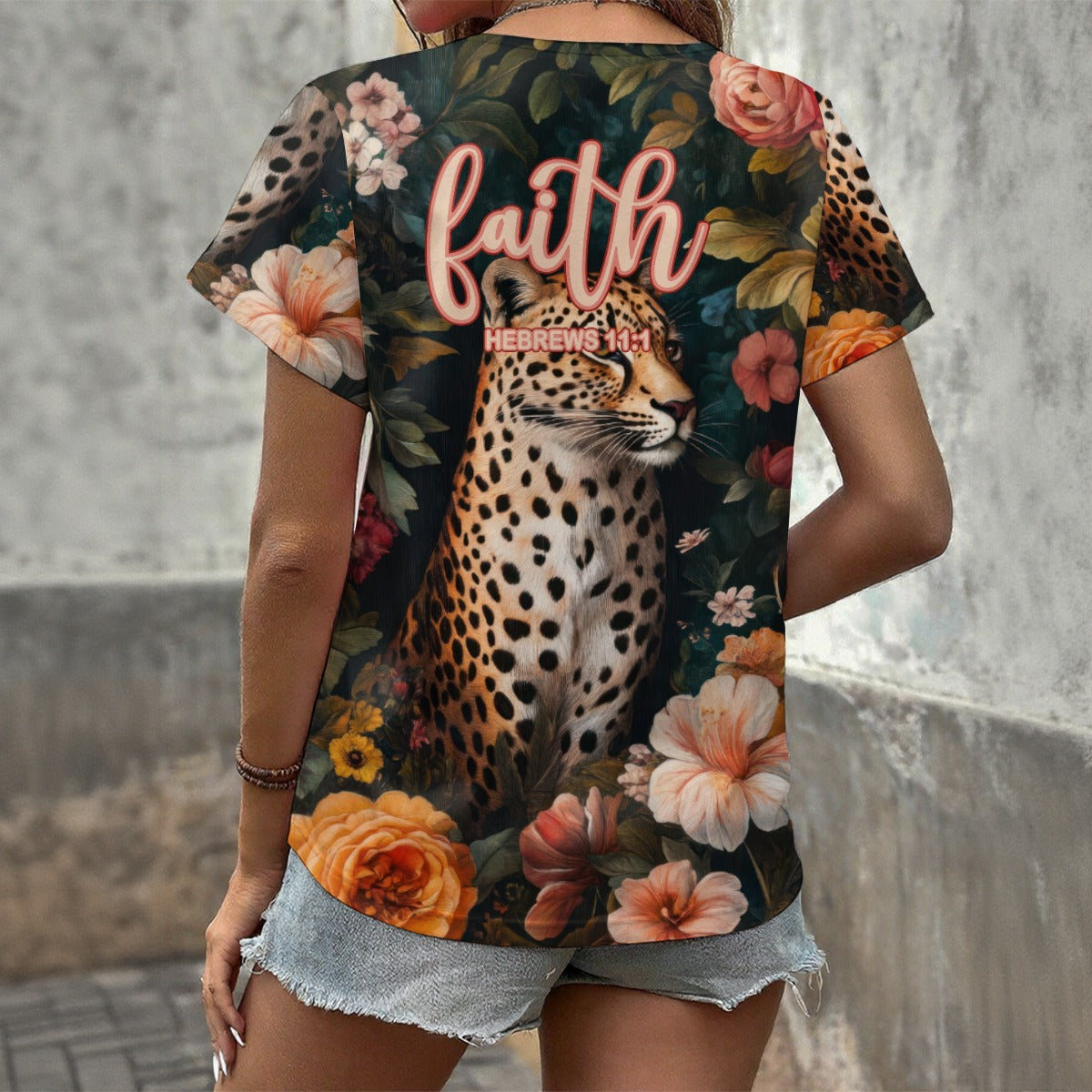 "Faith Hebrews 11:1" Leopard Floral Print V-Neck T-Shirt for Women