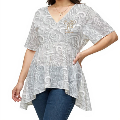 Blusa blanca con cuello en V y dobladillo asimétrico para mujer, con estampado de volutas "Fe Hebreos 11:1"
