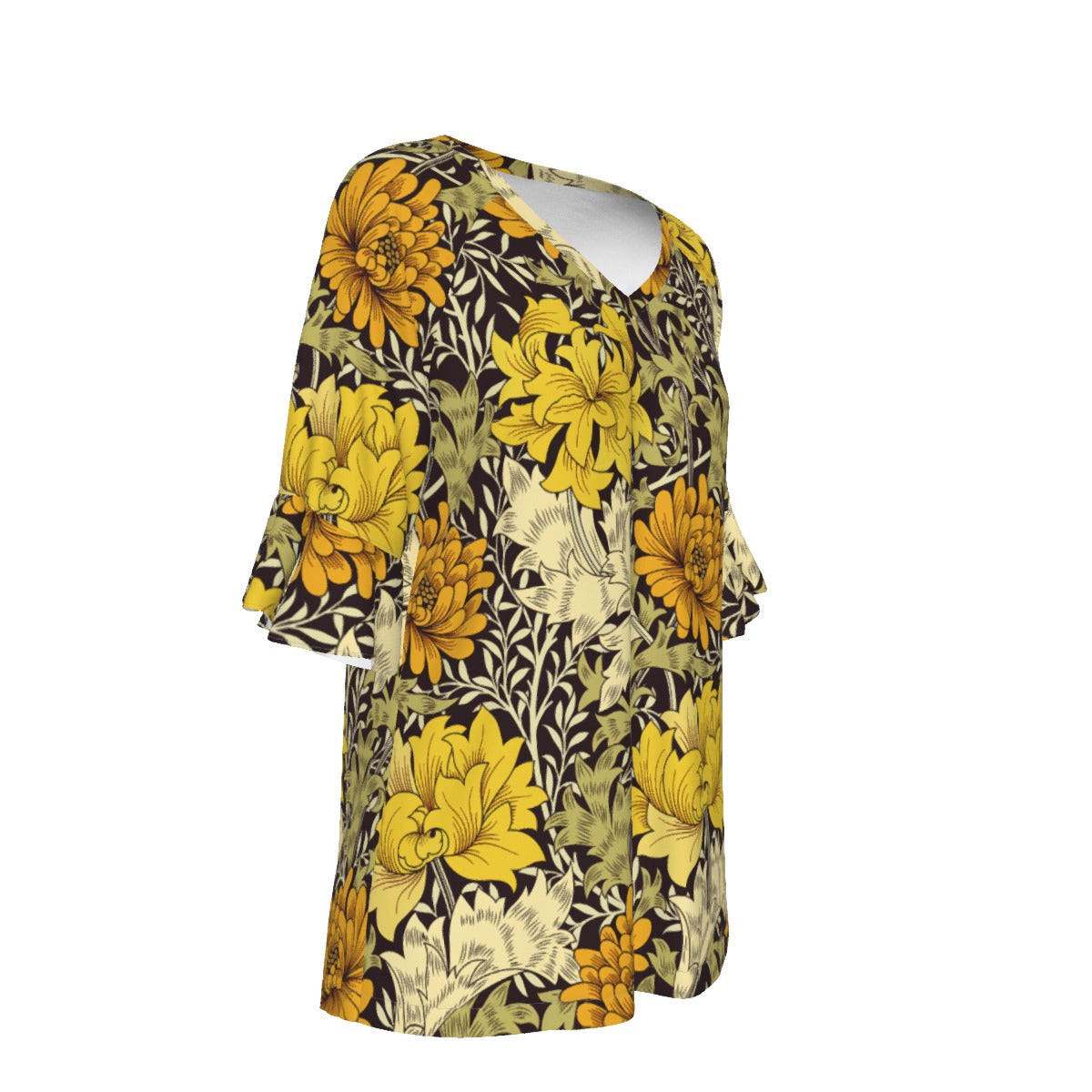 "Faith Hebrews 11:1" Black & Yellow Floral V-neck Women's T-shirt With Bell Sleeve