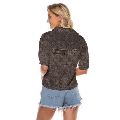 "Ride For Christ" Chocolate Tooled Leather Print  Women's V-neck Shirts