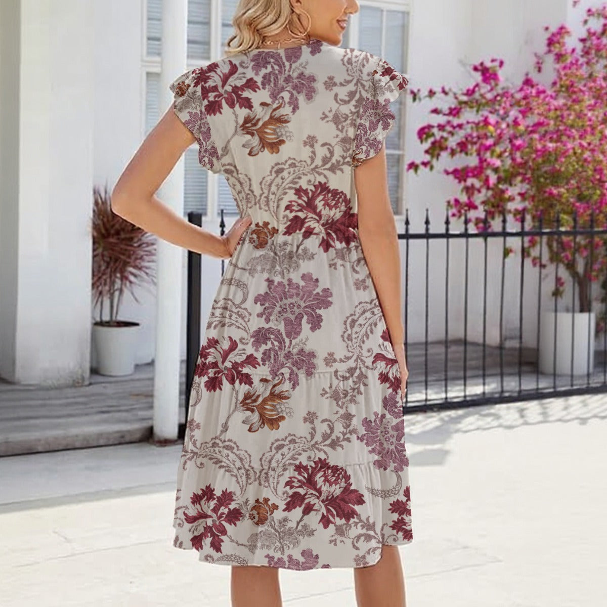 "John 14:6" Red & White Floral Cap Sleeve Midi Dress for Women, V-Neck Lightweight Soft Milk Silk Dress